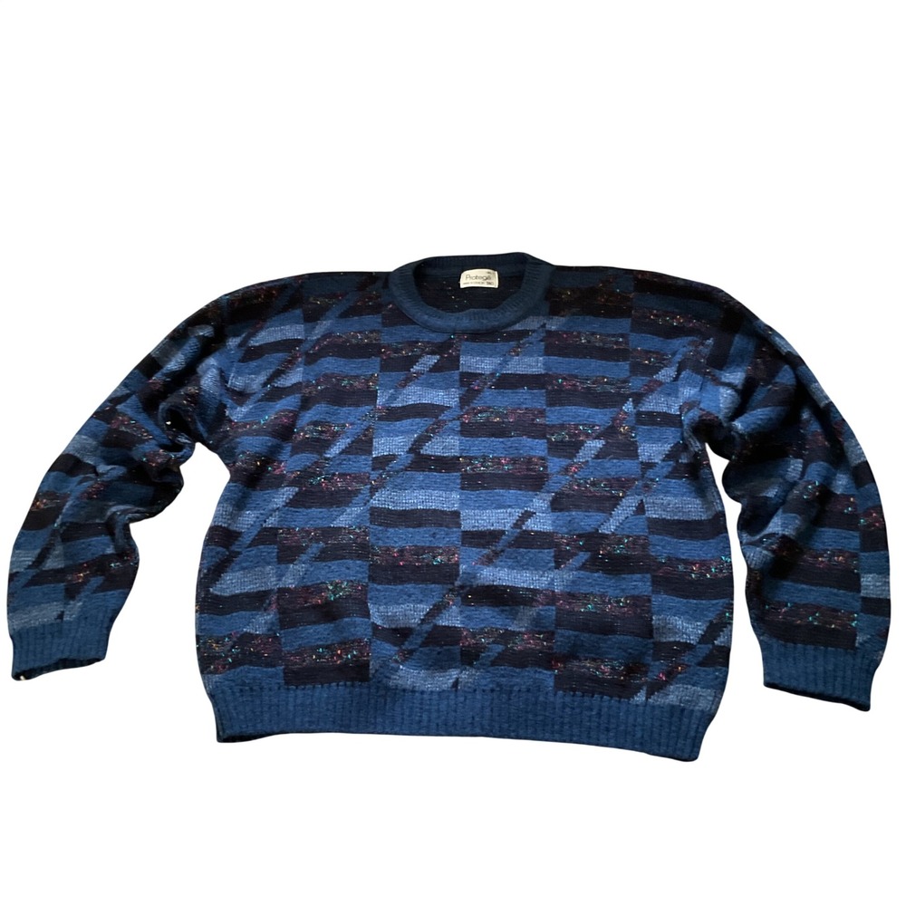 Vintage Protege Mens XL Blue Geometric Confetti Knit Crewneck Sweater USA Made